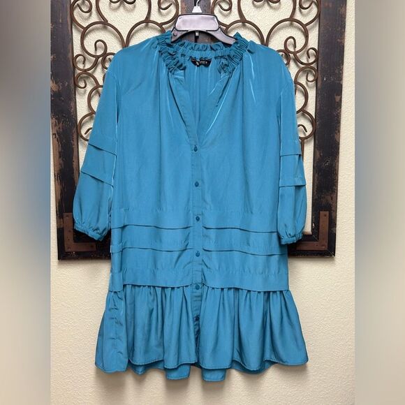 Zara 3/4 sleeve ruffled hem duck blue mini dress - Picture 8 of 10